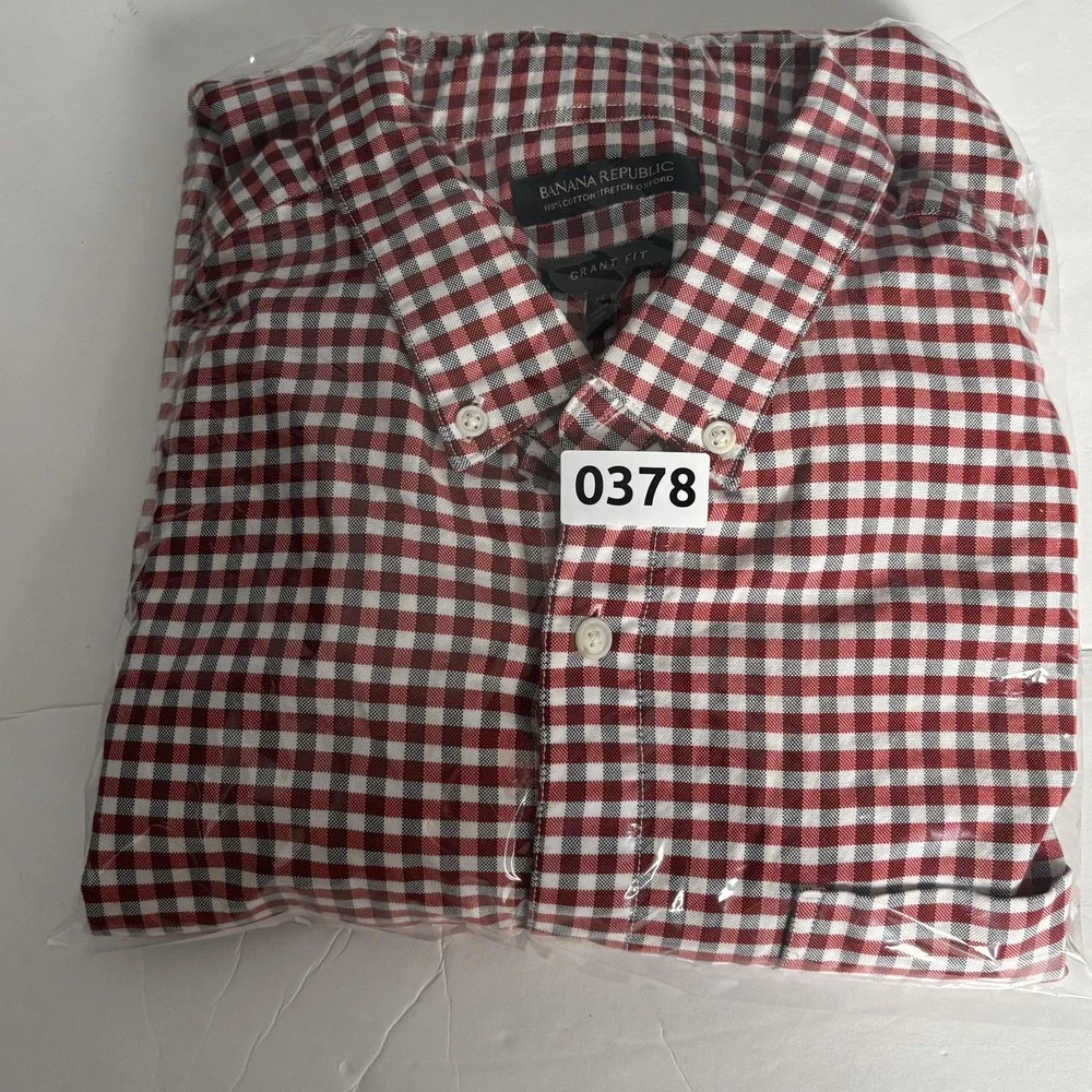 Banana Republic Grant Fit Mens XL Red Gingham Cotton Stretch Oxford Shirt 0378